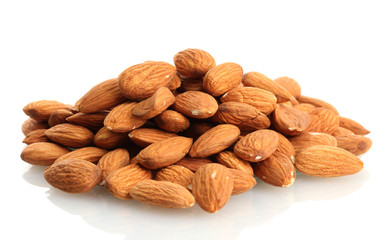 tasty almonds nuts, isolated on white