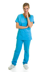 Fototapeta premium Woman in medical doctor suit isolated on white
