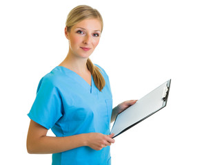 Woman in medical doctor uniform holding clipboard