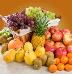 A composition of various fresh fruits with some fruits in a basket, from the market