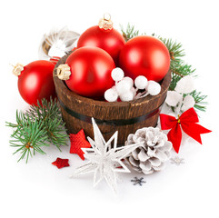christmas tinsel with branch firtree and red balls isolated on