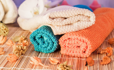 Soft color cotton towel   on the bamboo mat.