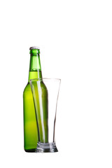 Beer in bottle and glass isolated on white