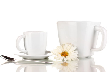 A cup of strong coffee and sweet cream isolated on white