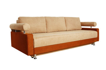 brown sofa with fabric upholstery isolated on white background