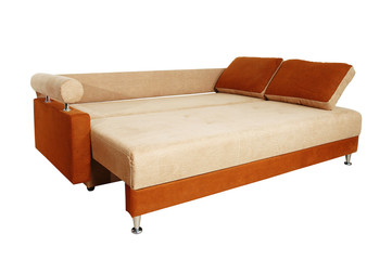 brown sofa with fabric upholstery isolated on white background