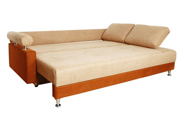 brown sofa with fabric upholstery isolated on white background