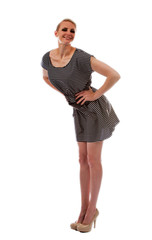 Blonde woman leaning forward to listen