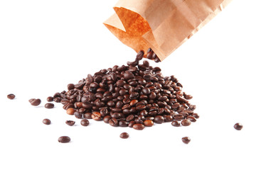 Coffee beans spilling from a paper bag