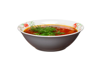 Ukrainian borsch with greens on a white background