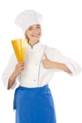 Сook with spaghetti in hands on white background