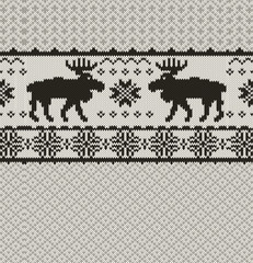 Knitted background with Christmas deers and snowflake