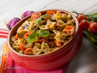 pasta with eggplants and pachino tomatoes