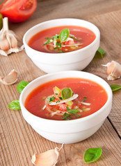 delicious cold Gazpacho soup in white bowl