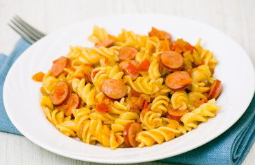 Fusilli pasta with smoked sausage and vegetables