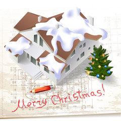 Christmas architectural background with a building model 