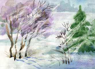 Fototapeta na wymiar Watercolor Landscape Collection: Winter