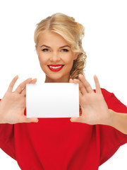 lovely woman in red dress with note card