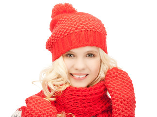 beautiful woman in hat, muffler and mittens