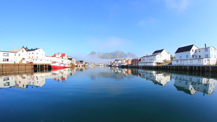 the harbour of Henningsvær with clouds