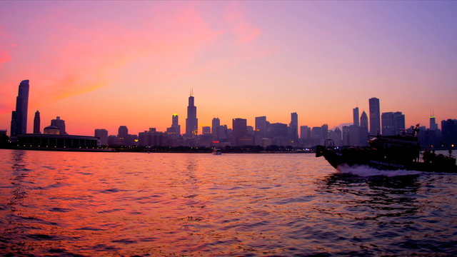 Nautical vessel Lake Michigan at sunset Chicago, USA