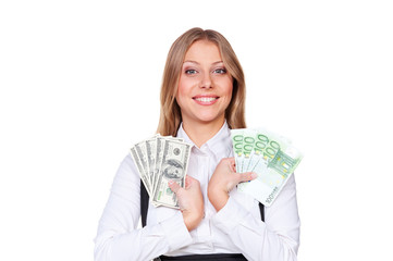 smiley businesswoman holding paper money