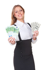 woman holding american dollars and euro