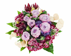 colorful floral bouquet of roses, lilies and orchids isolated on