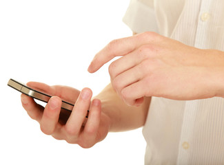 Mobile phone With hand, isolated on white background