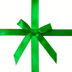 Green satin bow on satin ribbon. Ready for your logo.