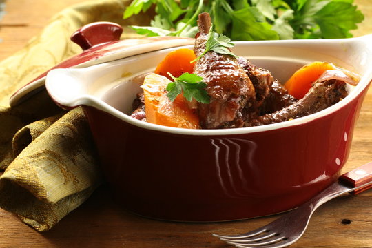 Traditional French cuisine - chicken in wine, coq au vin