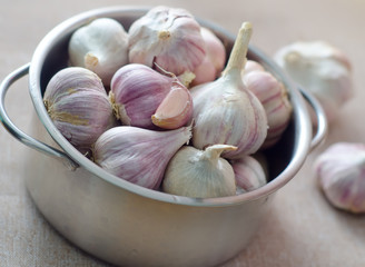 garlic in metal bowl on the table