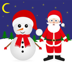 Snowman and Santa Claus in the woods at night