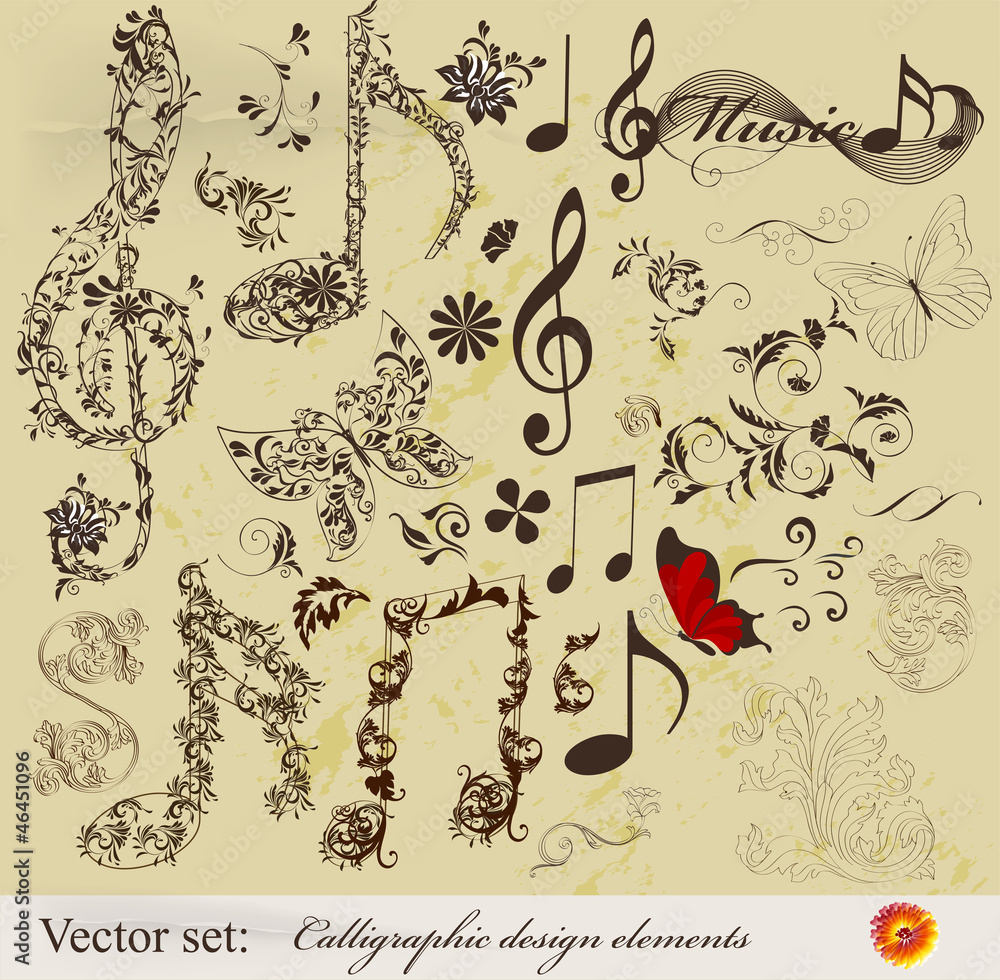 Poster calligraphic design elements and page decoration with music note