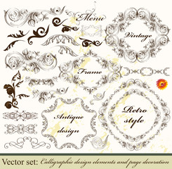 Collection of calligraphic decorative vector elements in vintage
