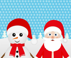 Snowman and Santa Claus in the forest