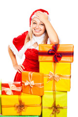 Smiling Santa woman and Christmas gifts