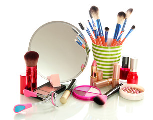 cosmetics near mirror isolated on white