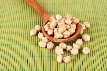 White chickpeas over  wooden spoon on color background