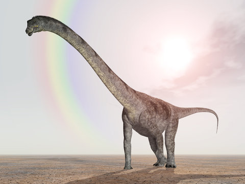 Dinosaurier Puertasaurus mit Regenbogen