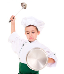 Little angry boy cook play knight with kitchen utensil