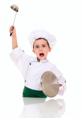 Little angry boy cook threaten with kitchen utensil