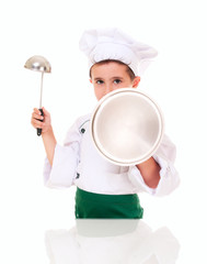 Little boy cook threaten with kitchen utensil