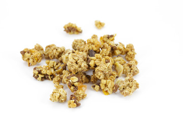 Granola made of crisp rolled oats for breakfast, isolated