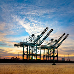 Cranes in the port at sunset.
