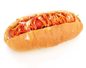 Appetizing hot dog isolated on white