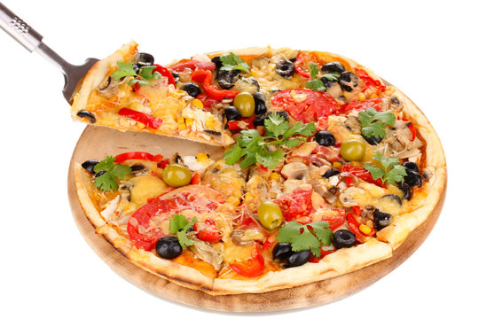 Tasty pizza with vegetables, chicken and olives isolated