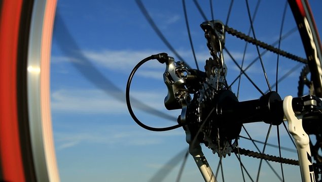 Wheel of racing bicycle spinning
