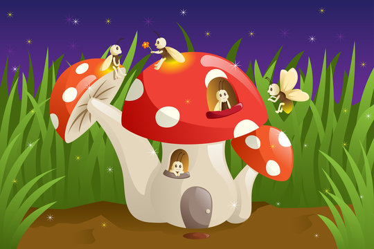 Mushroom house with fireflies