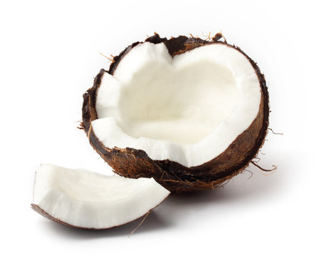 half of coconut on white background